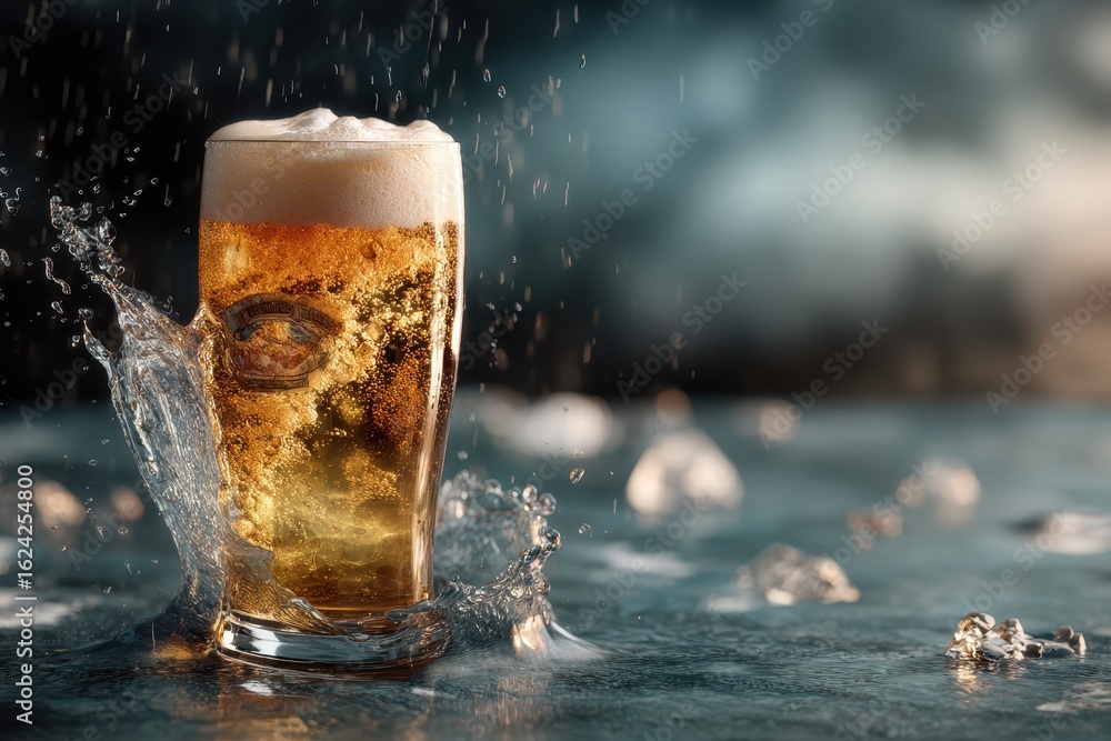 Poster cold golden beer with foam splashing on a table, captured in a serene atmosphere with soft light enh
