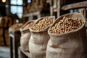 Bags containing wood pellets, a form of sustainable energy, produced through the reuse of wooden industrial waste. This image showcases environmentally responsible production, Generative AI
