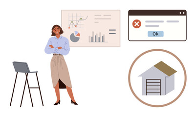 Professional woman stands near data charts and closed window popup. Includes warehouse graphic. Ideal for management, analysis, logistics, error, business strategy, inventory decision-making. Simple
