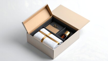 Elegant gift box with towel, perfume bottle, and card, presented in a luxurious arrangement