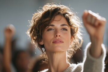 Determined young adult woman raising fist in protest with crowd