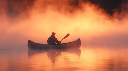 A lone canoeist paddling across a vast misty lake