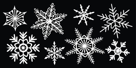 Elegant White Snowflakes Against Black Backdrop a Winter Holiday Vector Illustration Collection and Festive Season Design Elements
