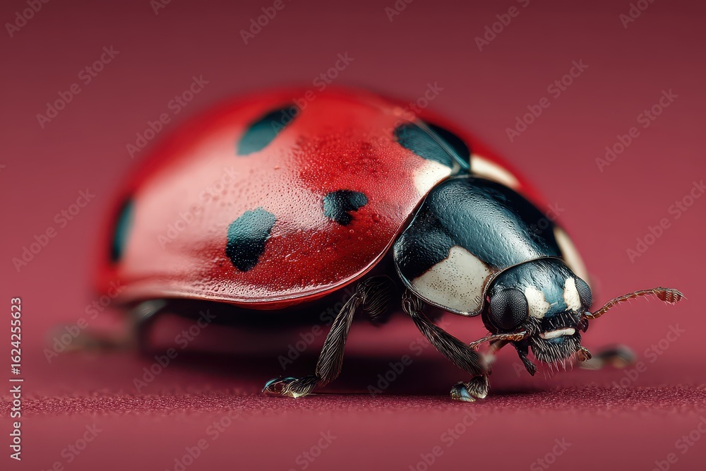 Poster close-up of a realistic red ladybug showcasing vivid colors and intricate details on its shell, rest