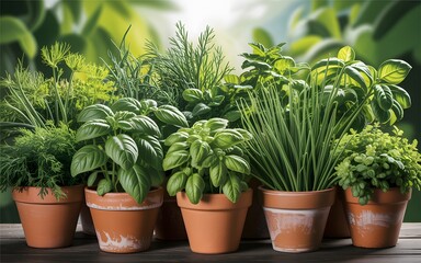 Fototapeta premium Assortment of fresh potted herbs growing in terracotta pots outdoors