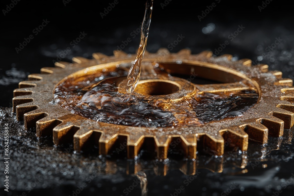 Poster close up of a metallic gear with oil splashes highlighting the intricate details of machinery and en