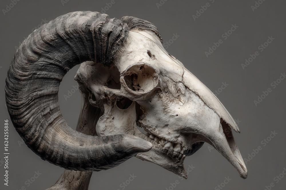 Poster detailed view of a skeleton sheep's head with prominent horns showcasing intricate bone structure an
