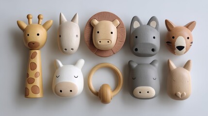Colorful wooden animal figurines arranged in a playful layout on a white background