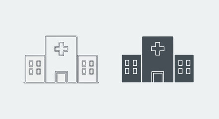 Set of two hospital building icons, featuring a minimalist line art and a solid glyph style with a central medical cross symbol.