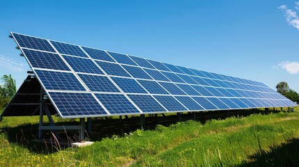 A large array of solar panels in a field under a clear blue sky on a sunny day generating clean energy