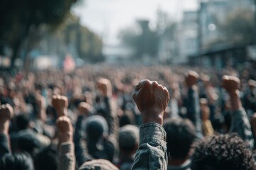 Crowd of people protesting with raised fists