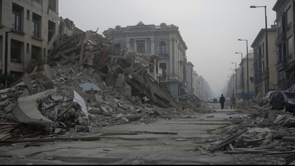 Collapsed building after an earthquake, with debris and rubble scattered around. The surrounding area shows the full extent of the destruction caused by the earthquake.