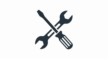 Dark gray flat icon of a crossed screwdriver and double-ended wrench for repair.