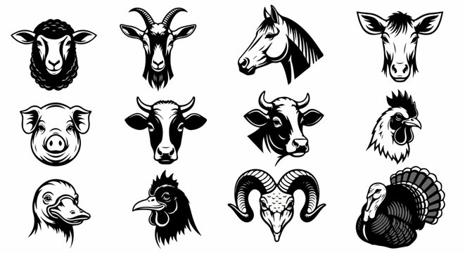 Collection of Monochrome Farm Animal Heads: Sheep, Goat, Horse, Donkey, Pig, Cow, Rooster, Duck, Chicken, Ram, Turkey
