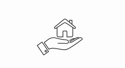 Minimalist black line art icon of a hand holding a simple house symbol.