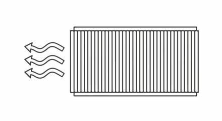 Minimalist black outline icon of a rectangular radiator or filter with wavy heat flow arrows.