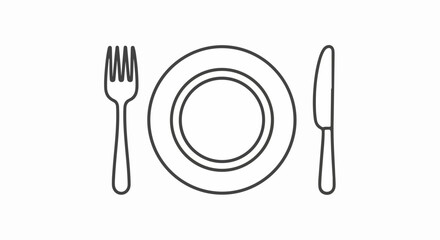Minimalist line art icon of a place setting with a fork, a double-rimmed plate, and a table knife.
