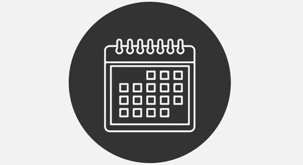 Minimalist white line art calendar icon with spiral binding on a dark circle.