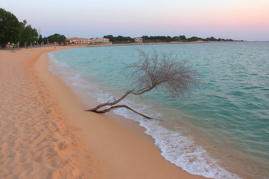 Beach at sunset with lone tree branch - Powered by Adobe