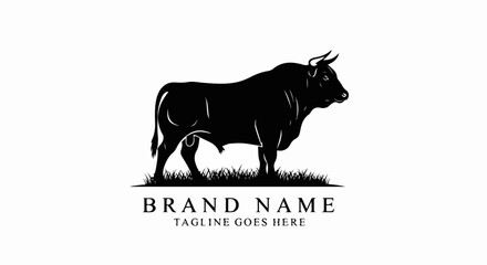 Powerful Black Bull Silhouette Standing on Grass, Muscular Body, Sharp Horns, Side Profile