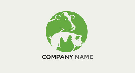 Green circular emblem with farm animal silhouettes of a cow, pig, and chicken using negative space.