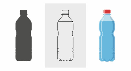 Plastic Water Bottle with Red Cap, Blue Liquid, and Distinctive Ridges, Shown in Silhouette, Outline, and Flat Styles