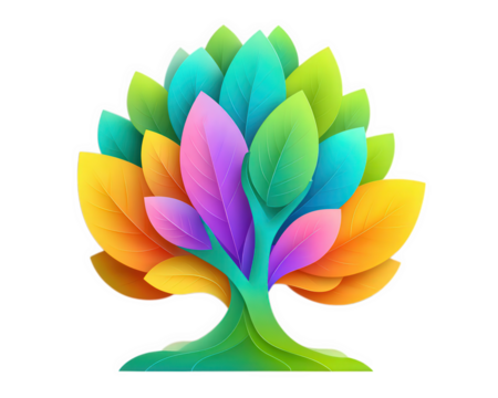 Colorful paper cut tree with multicolor leaves, vibrant design, abstract style, isolated on transparency background, cheerful and creative, nature inspired art