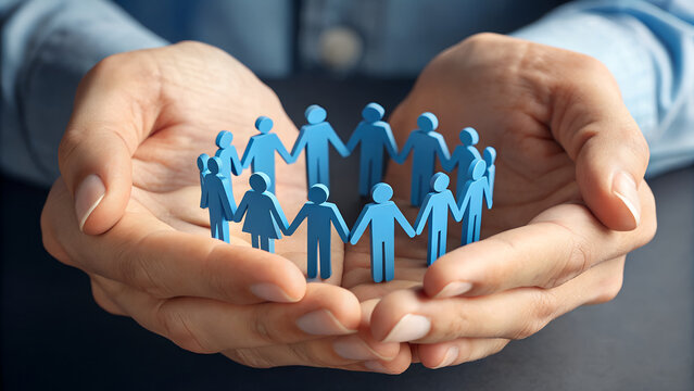 Caring hands protect small blue human figures linked together forming a circle, symbolizing teamwork and community.