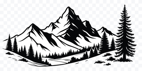 Majestic mountain range vector illustration with evergreen forest trees and rocky peaks offering a serene landscape artwork © design png