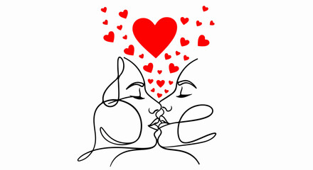 Minimalist Continuous Line Art of Kissing Couple with Floating Red Hearts