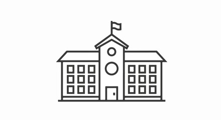 Minimalist line art icon of a school building with a central clock tower and flag.