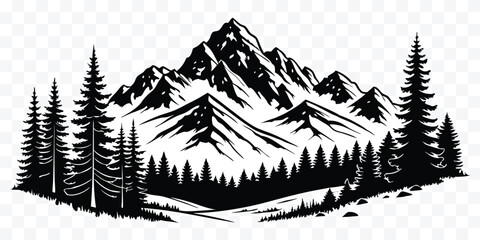Majestic mountain range with towering peaks and lush evergreen forest illustration in black and white ideal for outdoor adventure themed designs © design png