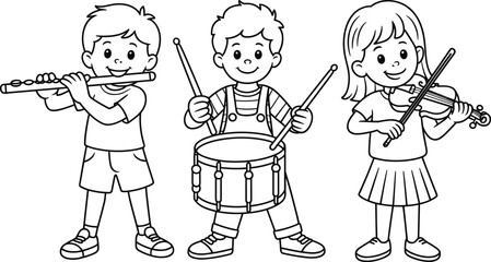 Kids playing musical instruments, children music band, flute drum violin players, happy kids performing, young musicians, kids orchestra art © Titan