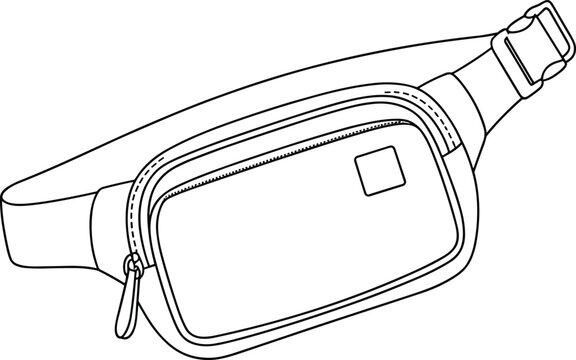CAD drawing flat vector illustration of stylish fanny pack with zipper closure, adjustable strap, minimalist shape, and clean outline design