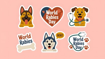 Cute dog stickers celebrating world rabies day with veterinary themes