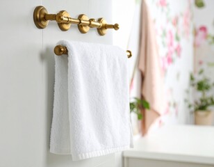 "Close-up of a single white towel hanging from a gold hook in a vintage powder room. Soft shadows and pastel wallpaper in the blurred background."
