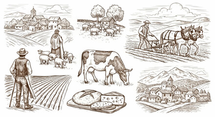 Hand-drawn set of rustic farm scenes with farmers, animals, and landscapes in a vintage engraving style. © goesti