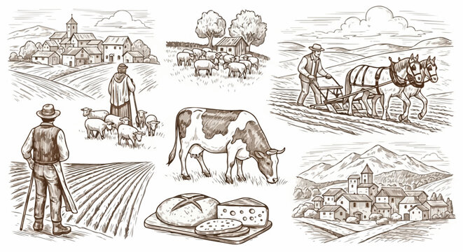 Hand-drawn set of rustic farm scenes with farmers, animals, and landscapes in a vintage engraving style.