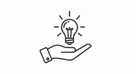 Minimalist line art icon of a hand holding a shining lightbulb, symbolizing a new idea, creativity, and innovation.