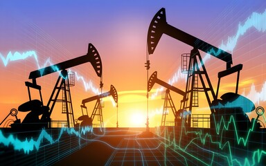Oil pump jacks at sunset with financial data overlay