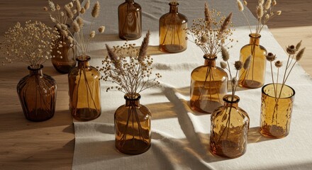Elegant Arrangement of Amber Glass Vases with Dried Flowers on Soft Fabric Background