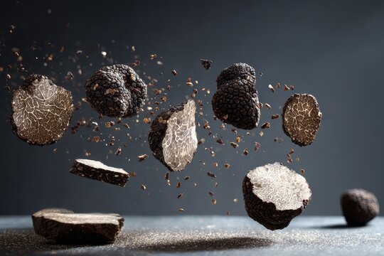 Levitating summer truffle slices captured in mid-air, showcasing rich textures and fine details against a dark background, emphasizing their culinary allure and gourmet appeal