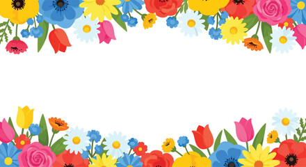 isolated flat illustration with transparent background of a vibrant floral frame featuring colorful daisies and wildflowers with green leaves. Ideal for cheerful designs of flowers