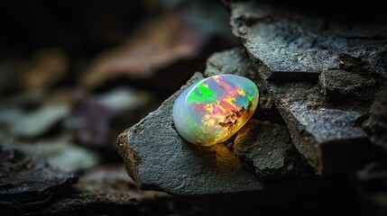 A small opal gemstone with intricate patterns and vibrant colors rests on a rough stone surface, its shiny exterior reflecting light to showcase stunning hues and natural beauty in detail.