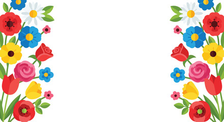 isolated flat illustration with transparent background of a vibrant floral frame featuring colorful daisies and wildflowers with green leaves. Ideal for cheerful designs of flowers