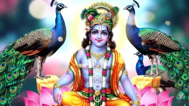 Krishna with Peacocks with Hindu Deity.