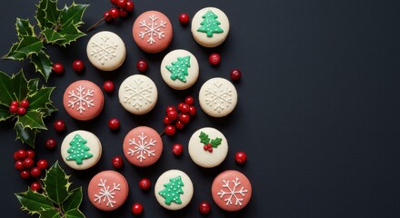 Festive Holiday Cookies Decorated with Christmas Trees and Snowflakes Surrounded by Berries and Holly Leaves