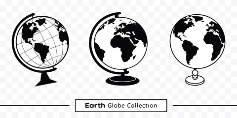 Obraz premium Earth Globe Vector Collection for Education and Design Featuring Black and White Illustrations of World Geography