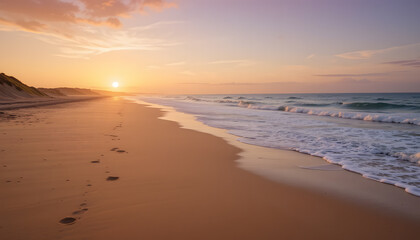 Golden Hour by the Shore: A serene coastal scene at sunset, featuring an expansive beach, gently lapping waves, and footprints in the sand, capturing the tranquil beauty of the natural world.