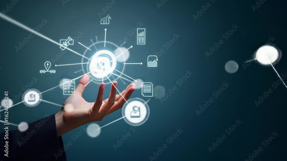 Poster flat hand reviewing holographic business audit device with compliance data analysis icons in a simpl